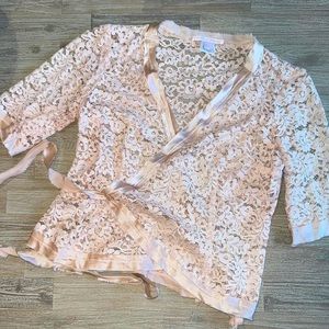 Vintage Rebecca Taylor Pink Lace Cropped Wrap Around Top.